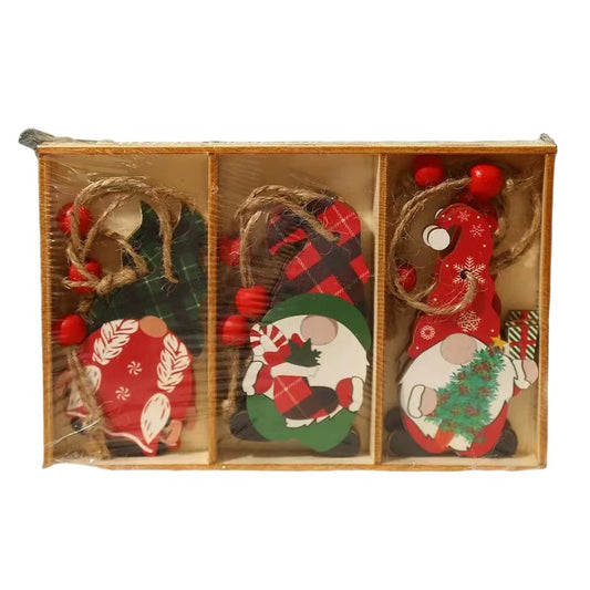 Set 9 Decoratiuni de Craciun din Lemn, Flippy, cu Snur pentru Agatare in Brad, Model Mos Craciun Pitic Diferite Dimensiuni, 3 Modele, Multicolor-0