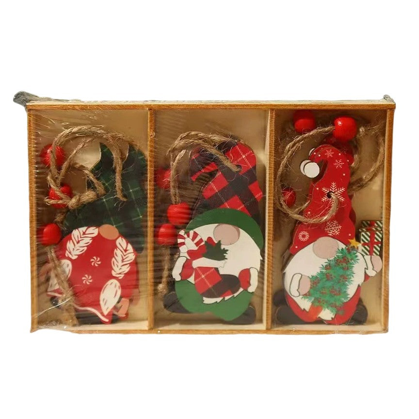 Set 9 Decoratiuni de Craciun din Lemn, Flippy, cu Snur pentru Agatare in Brad, Model Mos Craciun Pitic Diferite Dimensiuni, 3 Modele, Multicolor-0
