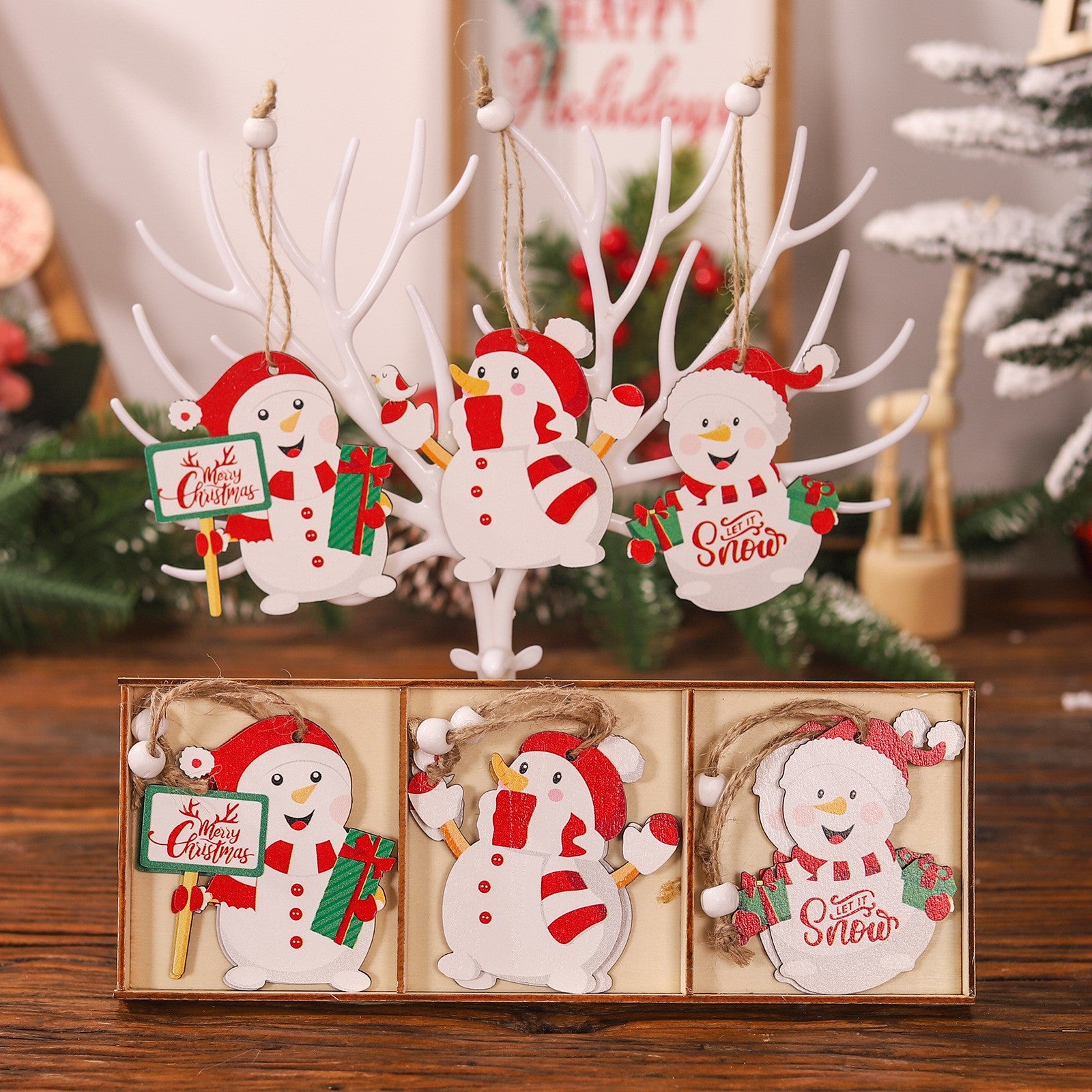 Set 9 Decoratiuni de Craciun din Lemn, Flippy, cu Snur pentru Agatare in Brad, Model Oameni de Zapada, 3 Modele, Diferite Dimensiuni, Multicolor-5