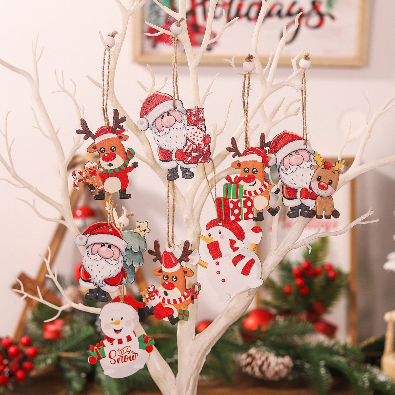Set 9 Decoratiuni de Craciun din Lemn, Flippy, cu Snur pentru Agatare in Brad, Model Oameni de Zapada, 3 Modele, Diferite Dimensiuni, Multicolor-7