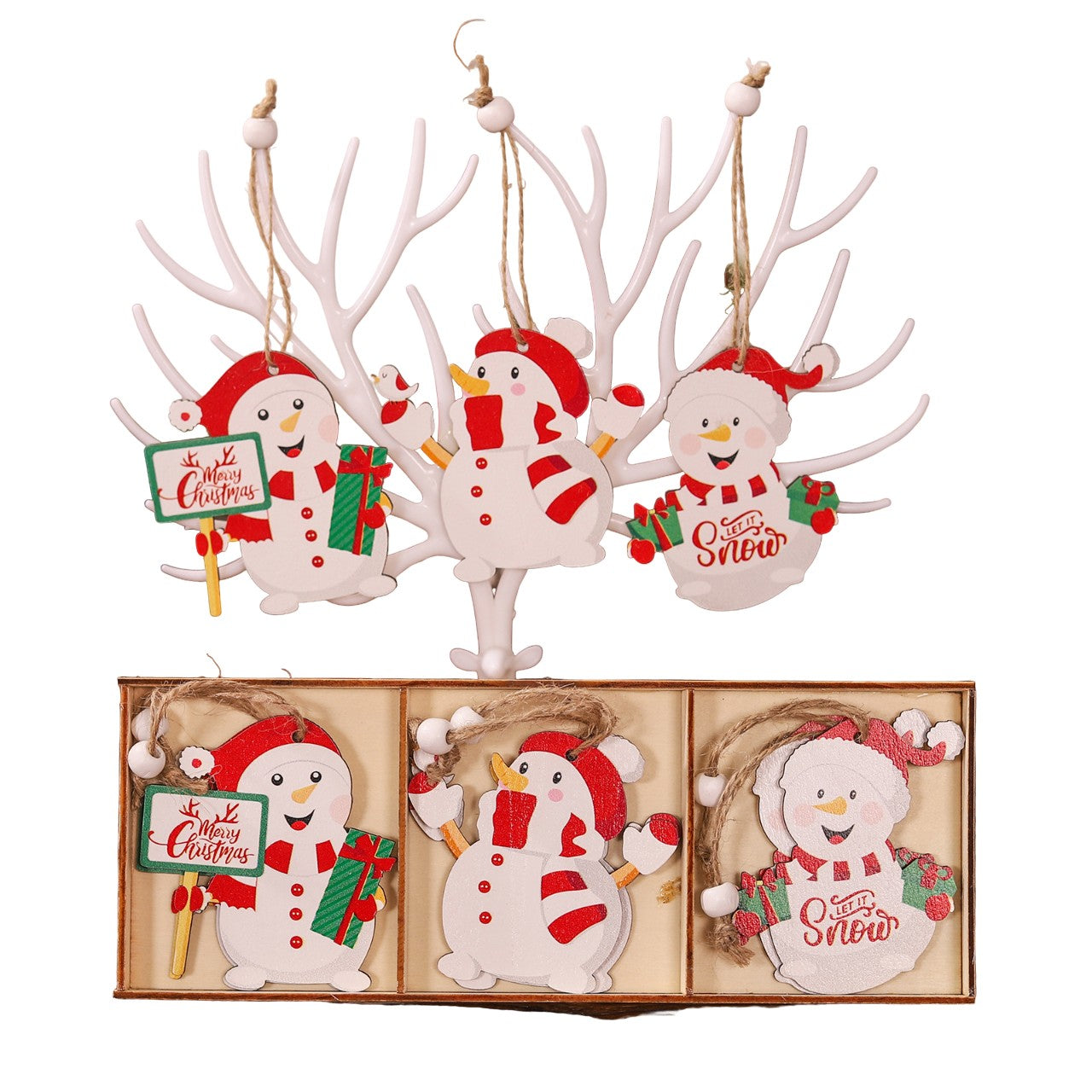 Set 9 Decoratiuni de Craciun din Lemn, Flippy, cu Snur pentru Agatare in Brad, Model Oameni de Zapada, 3 Modele, Diferite Dimensiuni, Multicolor-0