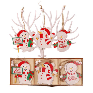 Set 9 Decoratiuni de Craciun din Lemn, Flippy, cu Snur pentru Agatare in Brad, Model Oameni de Zapada, 3 Modele, Diferite Dimensiuni, Multicolor-0