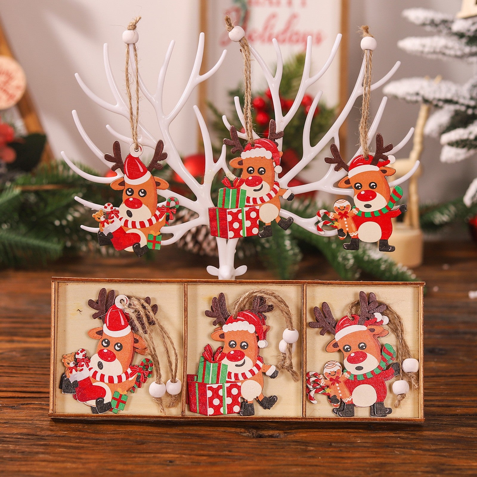Set 9 Decoratiuni de Craciun din Lemn, Flippy, cu Snur pentru Agatare in Brad, Model Reni, 3 Modele, Diferite Dimensiuni, Multicolor-5
