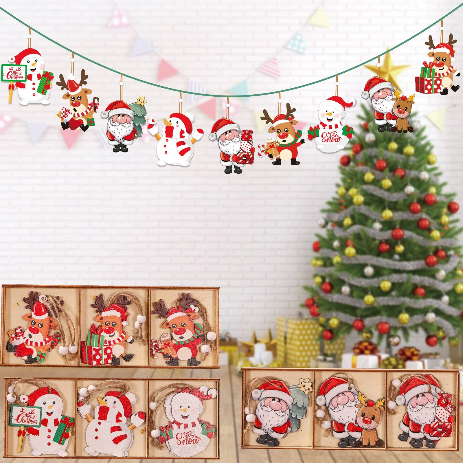 Set 9 Decoratiuni de Craciun din Lemn, Flippy, cu Snur pentru Agatare in Brad, Model Reni, 3 Modele, Diferite Dimensiuni, Multicolor-9