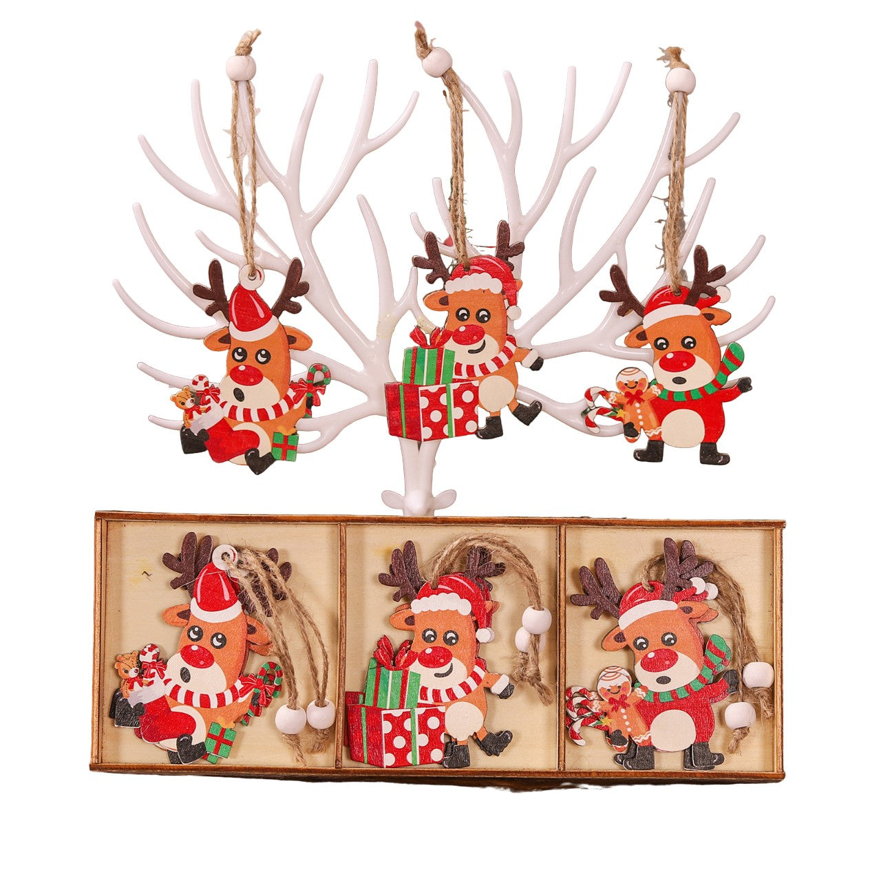 Set 9 Decoratiuni de Craciun din Lemn, Flippy, cu Snur pentru Agatare in Brad, Model Reni, 3 Modele, Diferite Dimensiuni, Multicolor-0