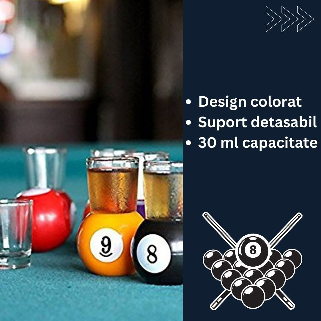 Set 9 pahare de shot Flippy, cu suport tip bila de biliard, detasabil, 30 ml, din sticla, 17 x 17 x 10 cm, multicolor-2