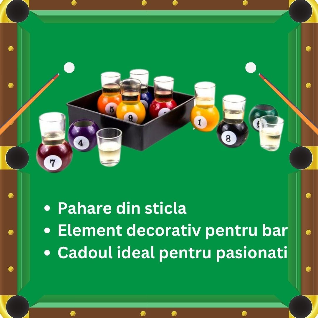 Set 9 pahare de shot Flippy, cu suport tip bila de biliard, detasabil, 30 ml, din sticla, 17 x 17 x 10 cm, multicolor-3