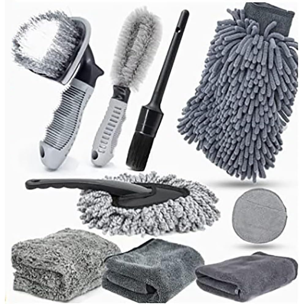 Set 9 Piese pentru Spalat Auto, Flippy, din Plastic si Microfibra, Perii si Lavete, Model B, Gri-2