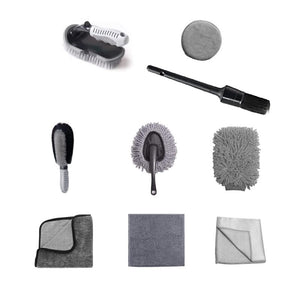 Set 9 Piese pentru Spalat Auto, Flippy, din Plastic si Microfibra, Perii si Lavete, Model B, Gri-0