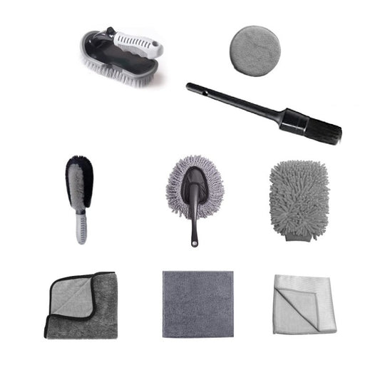 Set 9 Piese pentru Spalat Auto, Flippy, din Plastic si Microfibra, Perii si Lavete, Model B, Gri-0