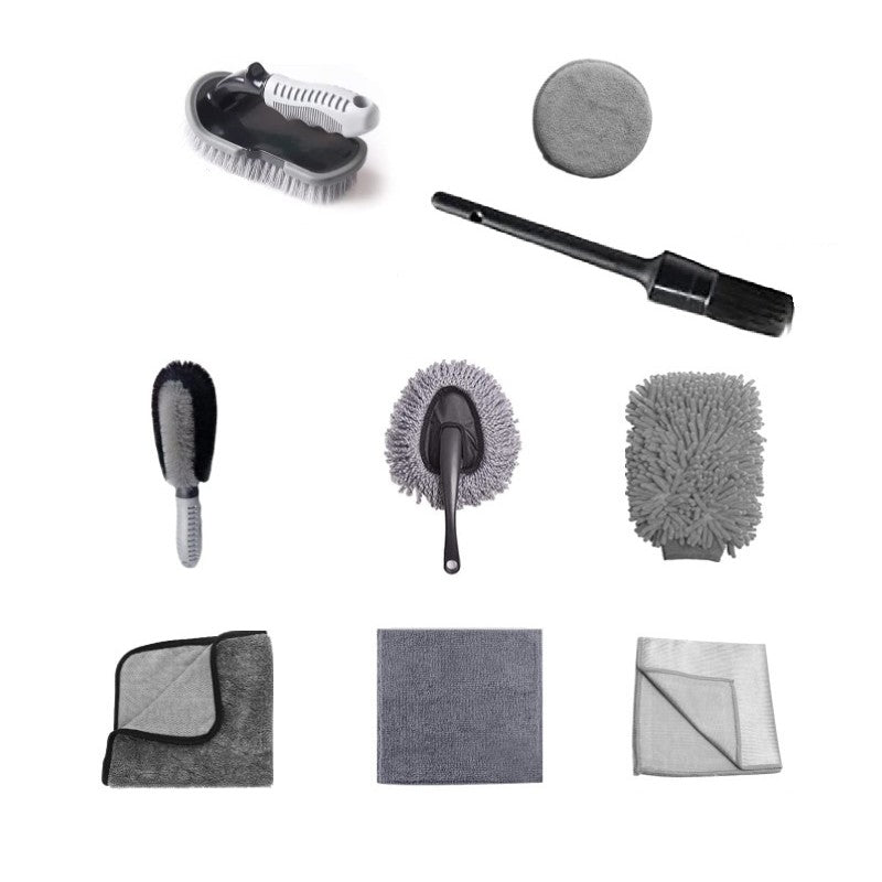 Set 9 Piese pentru Spalat Auto, Flippy, din Plastic si Microfibra, Perii si Lavete, Model B, Gri-0