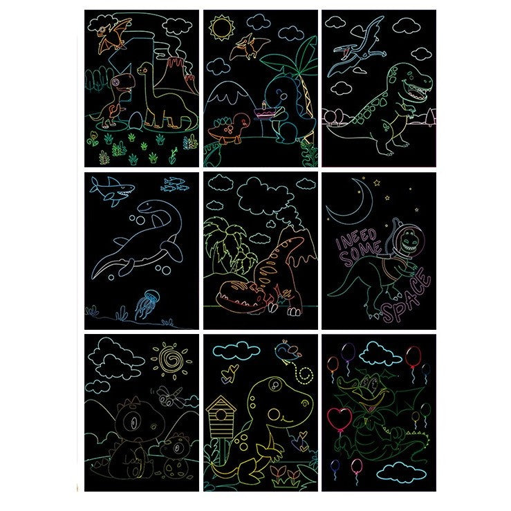 Set 9 Planse Razuibile, Flippy, Scratch ArtCards, +3 Ani, de Razuit si de Colorat, 19 x 14 cm, Model Dinozauri, Multicolor-1