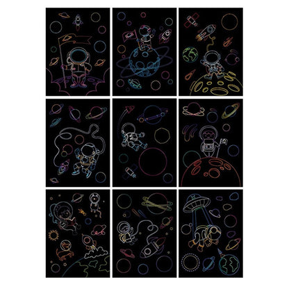 Set 9 Planse Razuibile, Flippy, Scratch ArtCards, +3 Ani, de Razuit si de Colorat, 19 x 14 cm, Model Spatiu Cosmic, Multicolor-1