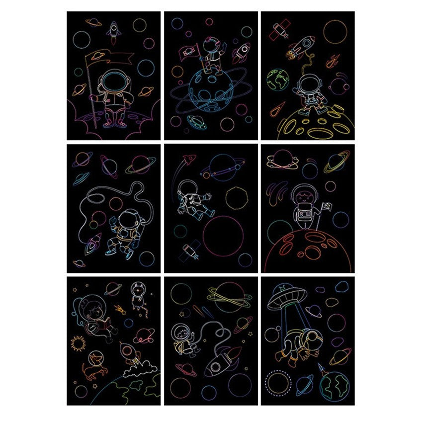 Set 9 Planse Razuibile, Flippy, Scratch ArtCards, +3 Ani, de Razuit si de Colorat, 19 x 14 cm, Model Spatiu Cosmic, Multicolor-1