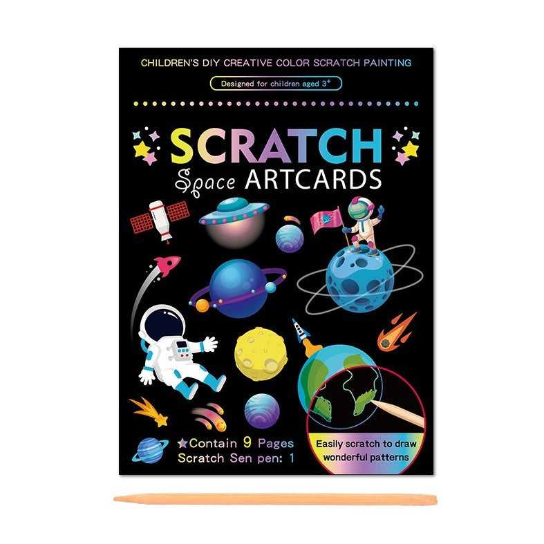 Set 9 Planse Razuibile, Flippy, Scratch ArtCards, +3 Ani, de Razuit si de Colorat, 19 x 14 cm, Model Spatiu Cosmic, Multicolor-0