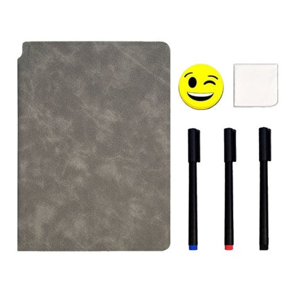 Set Agenda A5 Reutilizabila cu Pagini Tip Tabla, Agenda Pagini Albe cu Stergere Uscata, 3 Markere, 1 Burete și 1 Laveta de sters, Portabila, 24 x 16.5 cm, Coperta Piele, Maro-0