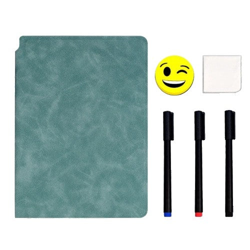 Set Agenda A5 Reutilizabila cu Pagini Tip Tabla, Agenda Pagini Albe cu Stergere Uscata, 3 Markere, 1 Burete și 1 Laveta de sters, Portabila, 24 x 16.5 cm, Coperta Piele, Verde-0