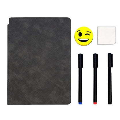 Set Agenda A5 Reutilizabila cu Pagini Tip Tabla, Agenda Pagini Albe cu Stergere Uscata, 3 Markere, 1 Burete și 1 Laveta de sters, Portabila, 24 x 16.5 cm, Coperta Piele, Negru-0