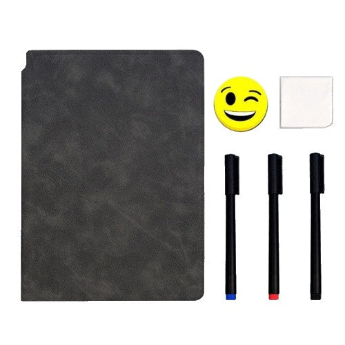 Set Agenda A5 Reutilizabila cu Pagini Tip Tabla, Agenda Pagini Albe cu Stergere Uscata, 3 Markere, 1 Burete și 1 Laveta de sters, Portabila, 24 x 16.5 cm, Coperta Piele, Negru-0
