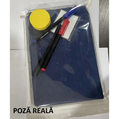 Set Agenda A5 Reutilizabila cu Pagini Tip Tabla, Agenda Pagini Albe cu Stergere Uscata, 3 Markere, 1 Burete și 1 Laveta de sters, Portabila, 24 x 16.5 cm, Coperta Piele, Albastru-5