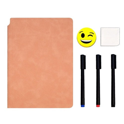 Set Agenda A5 Reutilizabila cu Pagini Tip Tabla, Agenda Pagini Albe cu Stergere Uscata, 3 Markere, 1 Burete și 1 Laveta de sters, Portabila, 24 x 16.5 cm, Coperta Piele, Roz Pal-0