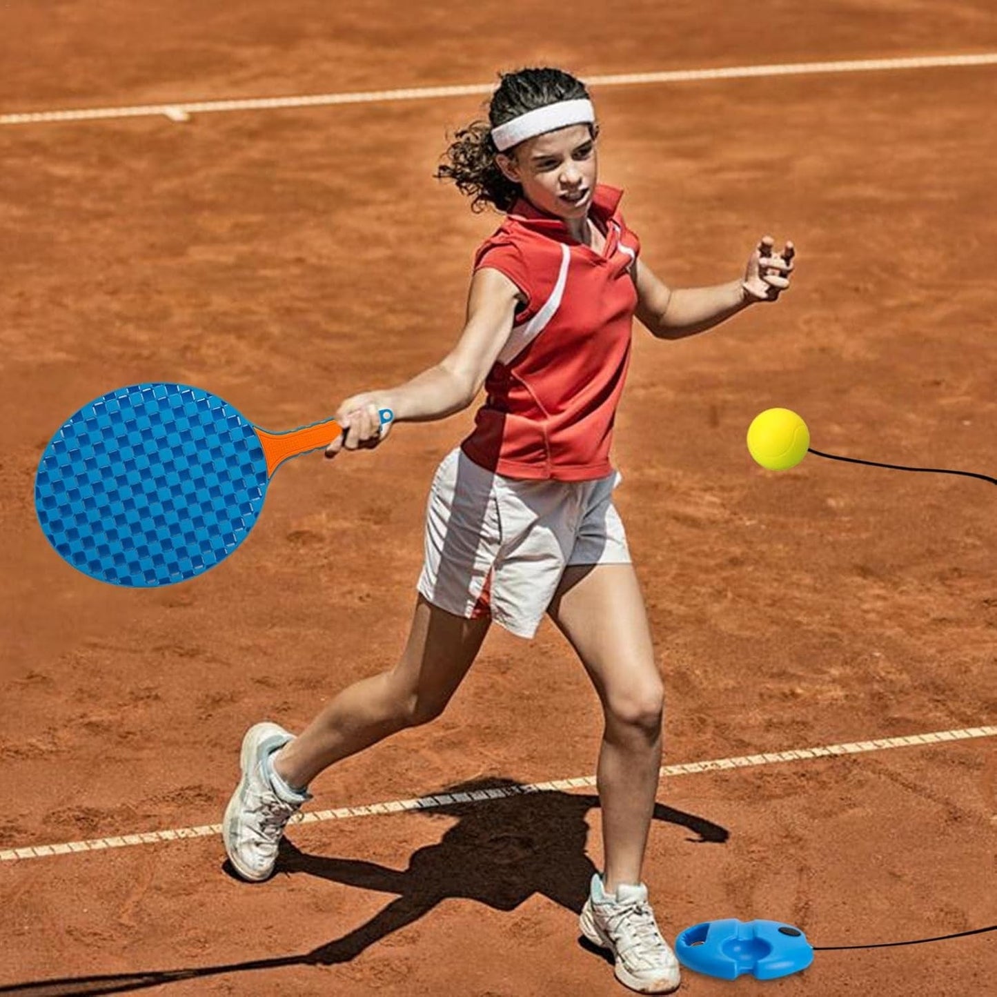 Set Badminton pentru Copii, Flippy, Doua Palete, Fluturas, 2 Mingi, Minge cu Elastic pentru Antrenament, Suport de Prindere Stabil, 41x23 cm, Albastru Portocaliu-2