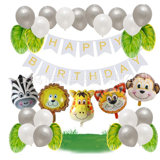 Set baloane aniversare 32 de piese, 1 banner Happy birthday, 5 baloane folie su animale, 8 baloane frunza, 18 baloane latex-0