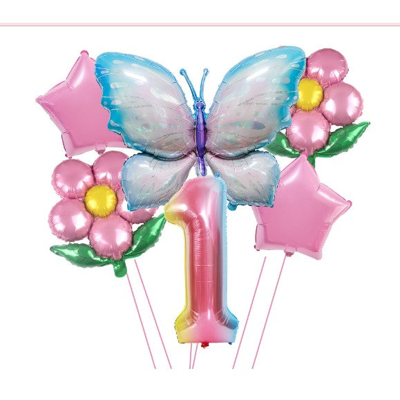 Set baloane aniversare cu numere 6 piese, 2 flori, 2 stelute, 1 fluture, Roz, Cifra 1-0