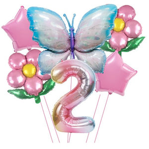 Set baloane aniversare cu numere 6 piese, 2 flori, 2 stelute, 1 fluture, Roz, Cifra 2-0