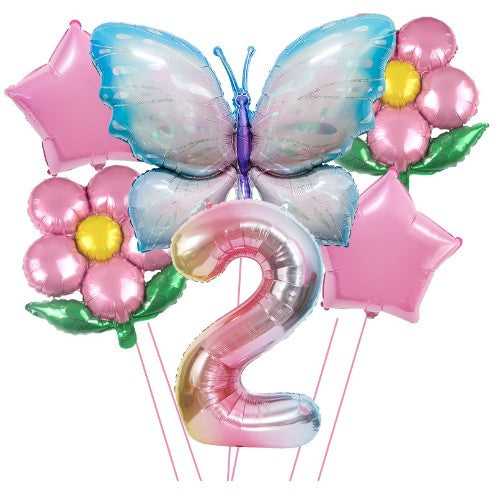 Set baloane aniversare cu numere 6 piese, 2 flori, 2 stelute, 1 fluture, Roz, Cifra 2-0
