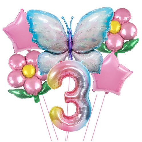 Set baloane aniversare cu numere 6 piese, 2 flori, 2 stelute, 1 fluture, Roz, Cifra 3-0