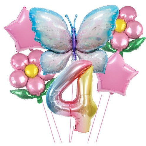 Set baloane aniversare cu numere 6 piese, 2 flori, 2 stelute, 1 fluture, Roz, Cifra 4-0