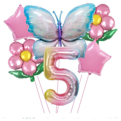 Set baloane aniversare cu numere 6 piese, 2 flori, 2 stelute, 1 fluture, Roz, Cifra 5-0