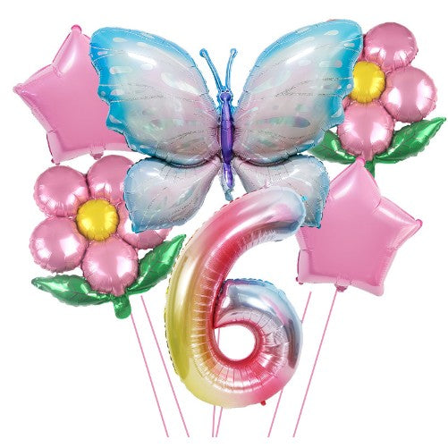 Set baloane aniversare cu numere 6 piese, 2 flori, 2 stelute, 1 fluture, Roz, Cifra 6-0
