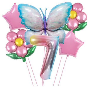Set baloane aniversare cu numere 6 piese, 2 flori, 2 stelute, 1 fluture, Roz, Cifra 7-0