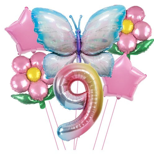 Set baloane aniversare cu numere 6 piese, 2 flori, 2 stelute, 1 fluture, Roz, Cifra 9-0