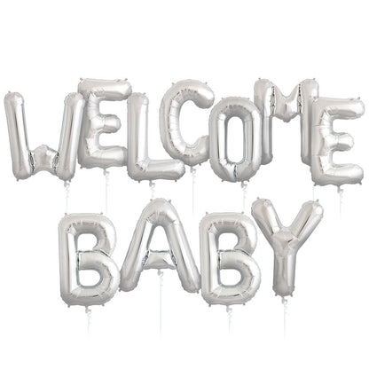 Set Baloane din Folie Metalizata, Flippy, Figurine Litere, Model Welcome Baby, Tema Aniversare, 40 cm, Ambalaj Individual, Pai inclus, Umflare cu Aer sau Heliu, Argintiu-4