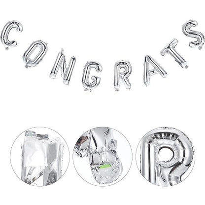 Set Baloane din Folie Metalizată, Flippy, Model Congrats, Litere de 40 cm, Baloane Absolvire, Ambalaj Individual, Pai inclus, Argintiu-2