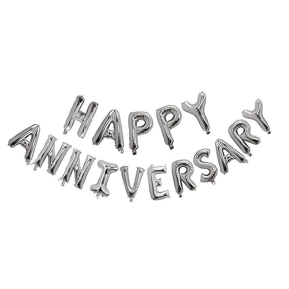 Set Baloane din Folie Metalizată, Flippy, Model Happy Anniversary, Litere de 40 cm, Baloane Party, Ambalaj Individual, Pai inclus, Argintiu-1