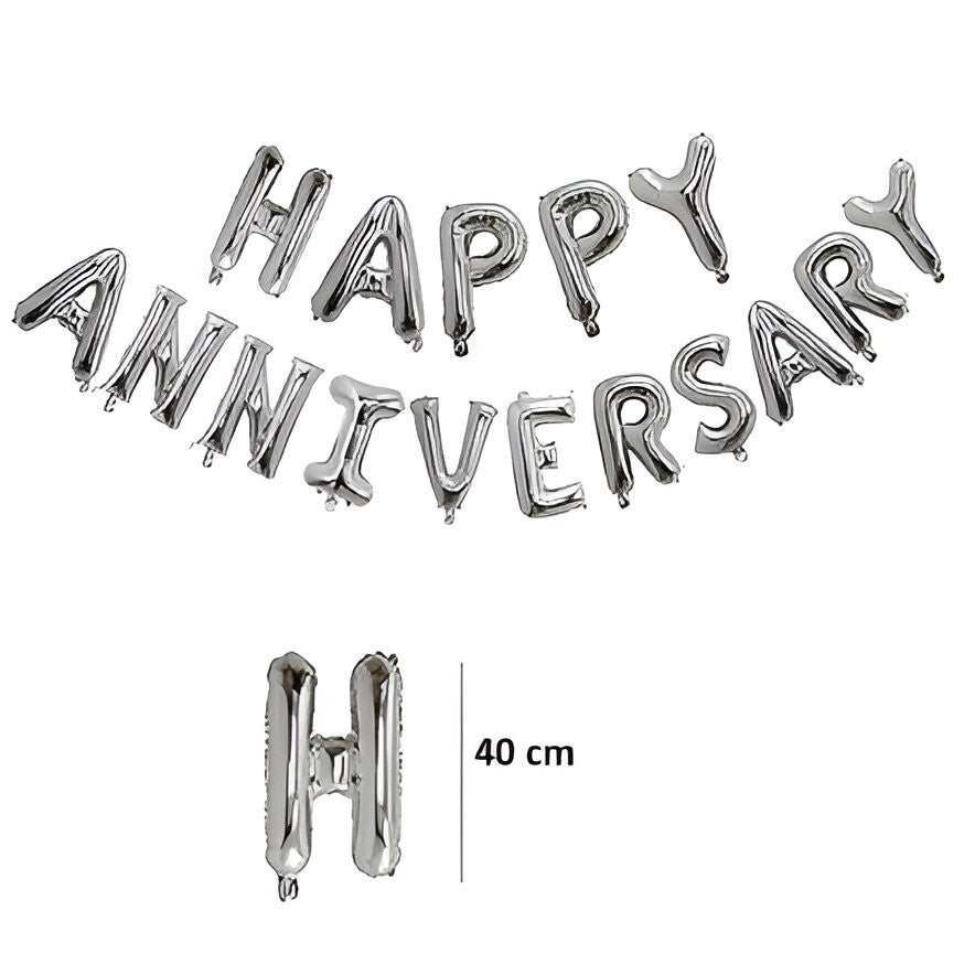 Set Baloane din Folie Metalizată, Flippy, Model Happy Anniversary, Litere de 40 cm, Baloane Party, Ambalaj Individual, Pai inclus, Argintiu-2