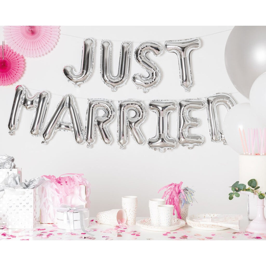 Set Baloane din Folie Metalizata, Flippy, Figurine Litere, Model Just Married, Tema Nunta, 40 cm, Baloane Party, Ambalaj Individual, Pai inclus, Umflare cu Aer sau Heliu, Argintiu-1