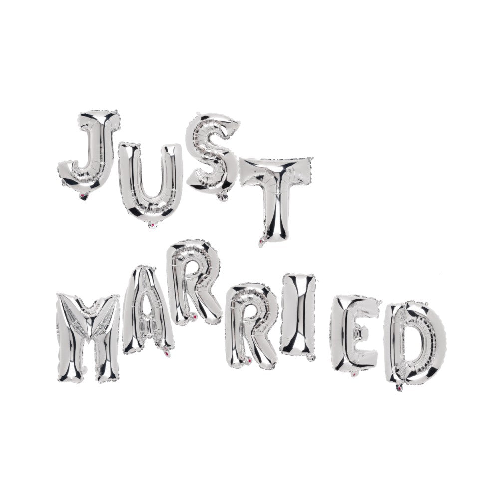 Set Baloane din Folie Metalizata, Flippy, Figurine Litere, Model Just Married, Tema Nunta, 40 cm, Baloane Party, Ambalaj Individual, Pai inclus, Umflare cu Aer sau Heliu, Argintiu-2
