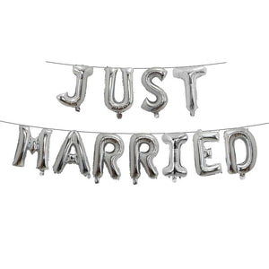 Set Baloane din Folie Metalizata, Flippy, Figurine Litere, Model Just Married, Tema Nunta, 40 cm, Baloane Party, Ambalaj Individual, Pai inclus, Umflare cu Aer sau Heliu, Argintiu-0