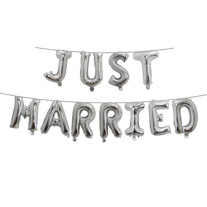 Set Baloane din Folie Metalizata, Flippy, Figurine Litere, Model Just Married, Tema Nunta, 40 cm, Baloane Party, Ambalaj Individual, Pai inclus, Umflare cu Aer sau Heliu, Argintiu-0