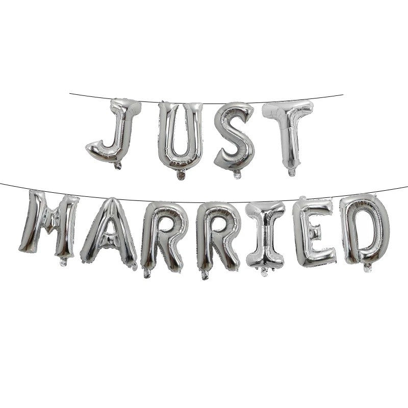 Set Baloane din Folie Metalizata, Flippy, Figurine Litere, Model Just Married, Tema Nunta, 40 cm, Baloane Party, Ambalaj Individual, Pai inclus, Umflare cu Aer sau Heliu, Argintiu-0