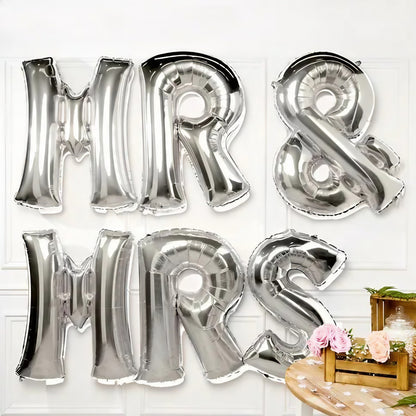 Set Baloane din Folie Metalizata, Flippy, Figurine Litere, Model MR&MRS, Tema Nunta, 40 cm, Baloane Party, Ambalaj Individual, Pai inclus, Umflare cu Aer sau Heliu, Argintiu-1