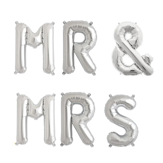 Set Baloane din Folie Metalizata, Flippy, Figurine Litere, Model MR&MRS, Tema Nunta, 40 cm, Baloane Party, Ambalaj Individual, Pai inclus, Umflare cu Aer sau Heliu, Argintiu-0