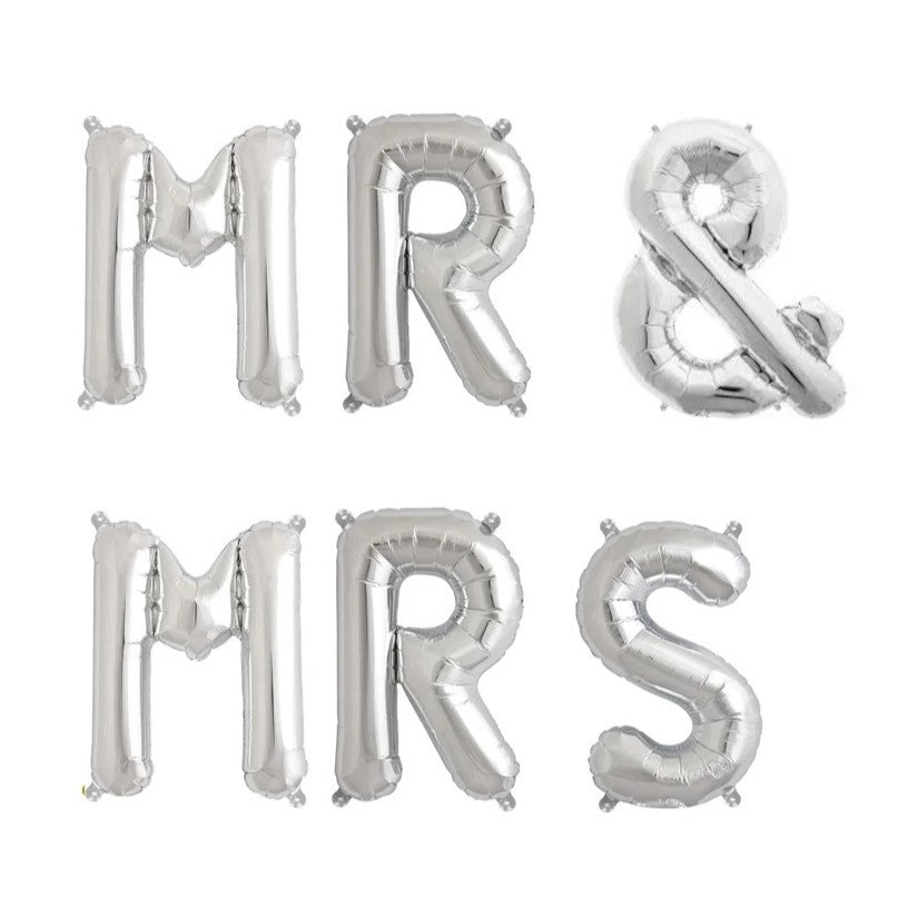Set Baloane din Folie Metalizata, Flippy, Figurine Litere, Model MR&MRS, Tema Nunta, 40 cm, Baloane Party, Ambalaj Individual, Pai inclus, Umflare cu Aer sau Heliu, Argintiu-0