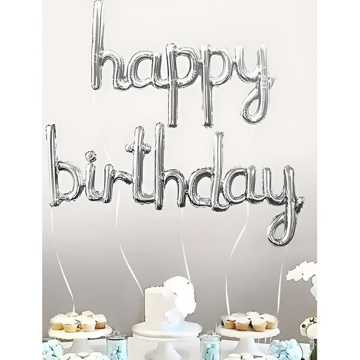 Set Baloane din Folie Metalizată, Flippy, Model Happy Birthday, 45x85 cm, 45x124cm, Baloane Party, Ambalaj Individual, Pai inclus, Argintiu-1