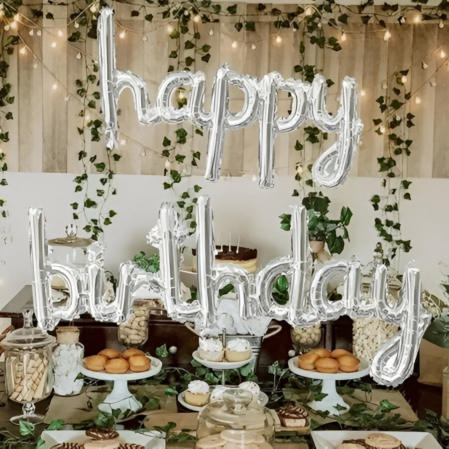 Set Baloane din Folie Metalizată, Flippy, Model Happy Birthday, 45x85 cm, 45x124cm, Baloane Party, Ambalaj Individual, Pai inclus, Argintiu-3